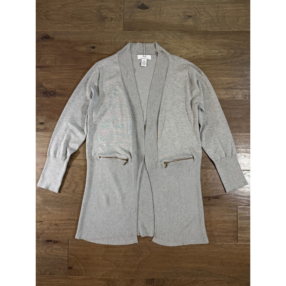Magaschoni Womens XL Gray Open Front Cardigan Zipper Accent Ribbed‎ Knit Sweater